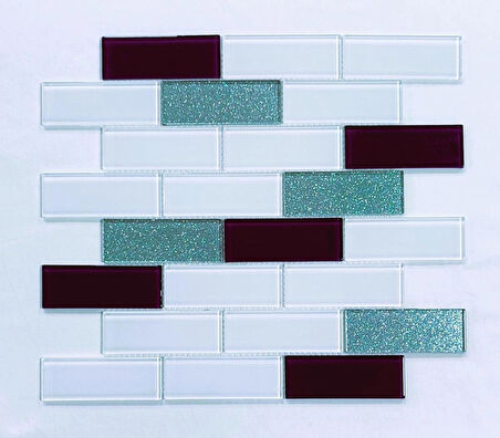 Mutfak tezgah arası ve iç mekan kaplama ve dekorasyon uygulamalarında tüm yüzeyler için, 36x98mm. Beyaz-Mürdüm-Gümüş Mix. 30x30cm. Fileli Kristal Mozaik.