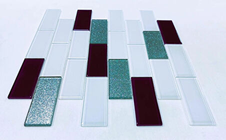 Mutfak tezgah arası ve iç mekan kaplama ve dekorasyon uygulamalarında tüm yüzeyler için, 36x98mm. Beyaz-Mürdüm-Gümüş Mix. 30x30cm. Fileli Kristal Mozaik.