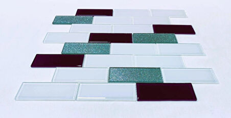 Mutfak tezgah arası ve iç mekan kaplama ve dekorasyon uygulamalarında tüm yüzeyler için, 36x98mm. Beyaz-Mürdüm-Gümüş Mix. 30x30cm. Fileli Kristal Mozaik.