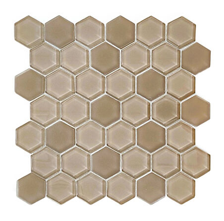Mutfak tezgah arası, Havuz, Banyo, Sauna, Spa, iç ve dış kaplama ve dekorasyon uygulamalarında tüm yüzeyler için, 48x6mm. Hegzagonal  Vizon, 30x30cm. Fileli Kristal Cam Mozaik.