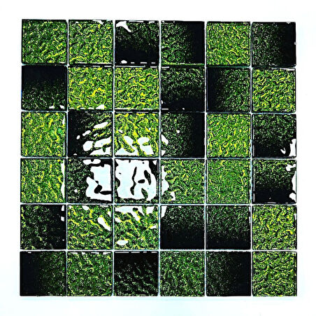 Mutfak tezgah arası ve iç mekan kaplama ve dekorasyon uygulamalarında tüm yüzeyler için, 48x48mm. Siyah-Yeşil Sim Efekti. 30x30cm. Fileli Kristal Mozaik.