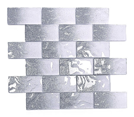 Mutfak tezgah arası ve iç mekan kaplama ve dekorasyon uygulamalarında tüm yüzeyler için, 48x98mm. Beyaz-Gümüş Sim Efekti. 30x30cm. Fileli Kristal Mozaik.