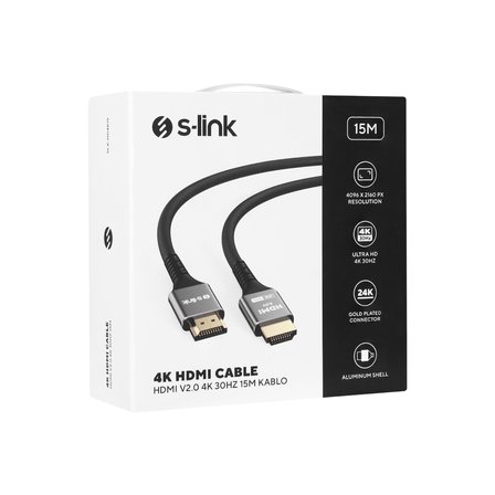 S-LINK SW-SGG039, 4K UHD, HDMI v2,0 Kablo. 15mt. 30Hz. Metal Uçlu, Kablo