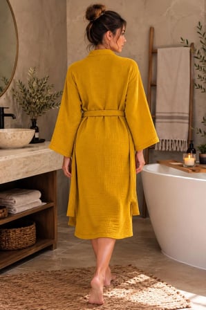 Mia Mina Home & Baby 4 Kat Müslin Kimono Model Bornoz/Sabahlık Hardal Renk