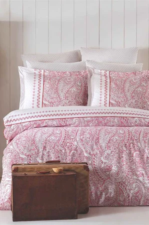 Çift Kişilik Nevresim Takımı Pamuklu Vintage Pembe Paisley