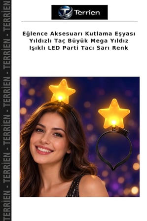 Eğlence Aksesuarı Kutlama Eşyası Yıldızlı Taç Büyük Mega Yıldız Işıklı LED Parti Tacı Sarı Renk
