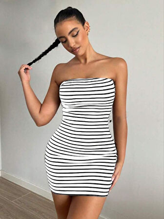 Moda Kumsal Kadın Kaşkorse Kumaş Çizgi Desenli Mini Elbise