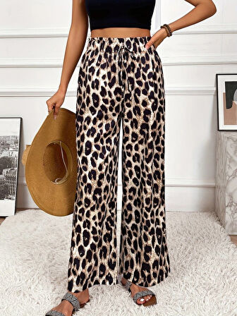 Moda Kumsal Kadın Yüksek Bel Beli Lastikli Bağcıklı Leopar Desenli Süprem Pantolon