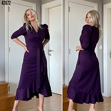 Moda Kumsal Krep Kumaş Midi Boy Kuşaklı Uzunkol Elbise