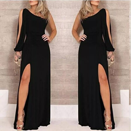 Moda Kumsal Tek Omuz Açık Derin Yırtmaçlı Krep Tam Boy Elbise