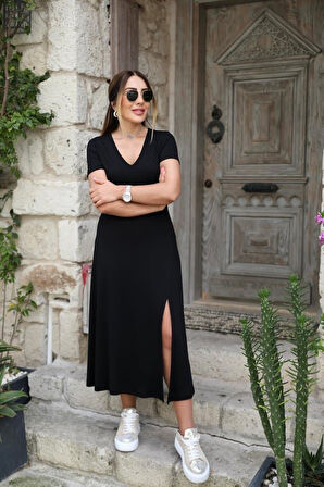 Moda Kumsal Kadın Kısa Kollu V Yaka Maxi Boy Elbise 124 Cm