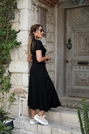 Moda Kumsal Kadın Kısa Kollu V Yaka Maxi Boy Elbise 124 Cm