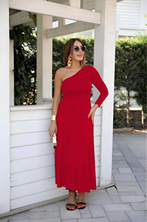 Moda Kumsal Kadın Uzun Kollu Tek Omuz Detay Krep Elbise