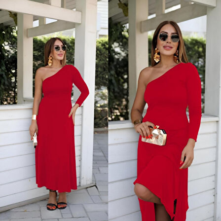 Moda Kumsal Kadın Uzun Kollu Tek Omuz Detay Krep Elbise