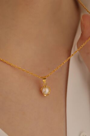 14 Ayar Altın İnci Kafesli Halat Zincir Kolye