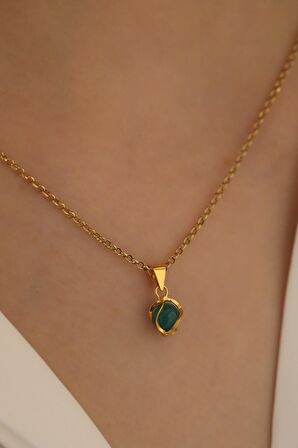 14 Ayar Altın Yeşil Akik Doç Zincir Kolye