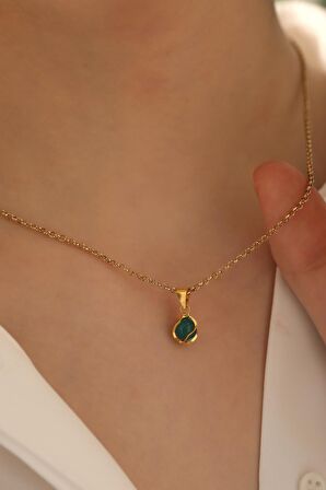 14 Ayar Altın Yeşil Akik Doç Zincir Kolye