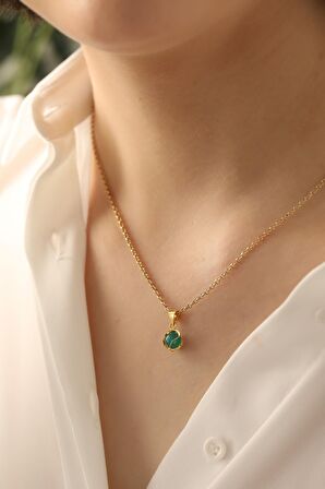 14 Ayar Altın Yeşil Akik Doç Zincir Kolye