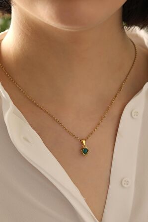 14 Ayar Altın Yeşil Akik Doç Zincir Kolye