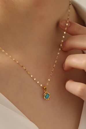 14 Ayar Altn Kafesli Firuze Aynalı Zincir Kolye