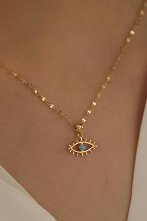 14 Ayar Altın Kirpikli Gözlü Aynalı Zincir Kolye