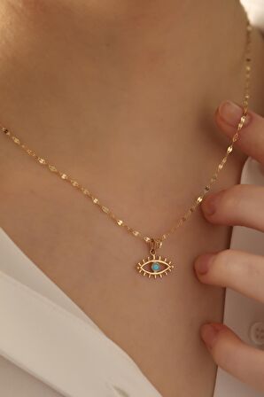 14 Ayar Altın Kirpikli Gözlü Aynalı Zincir Kolye
