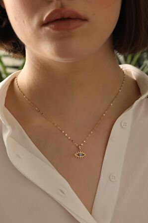 14 Ayar Altın Kirpikli Gözlü Aynalı Zincir Kolye