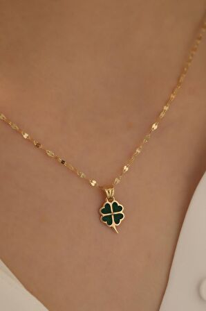 14 Ayar Altın Mineli Yonca Aynalı Zincir Kolye