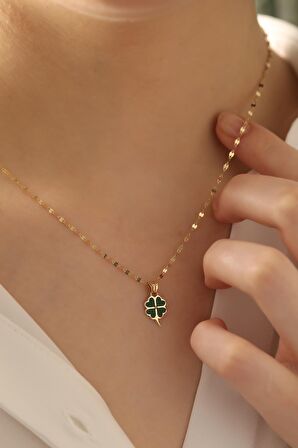 14 Ayar Altın Mineli Yonca Aynalı Zincir Kolye