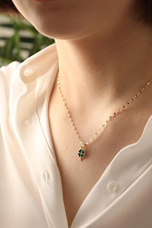 14 Ayar Altın Mineli Yonca Aynalı Zincir Kolye