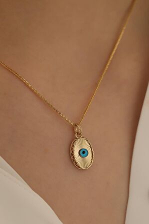 14 Ayar Altın Işıltılı Oval Göz Küp Zincir Kolye