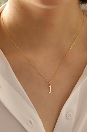 14 Ayar Altın İnce Aynalı Zincir J Harfi Plaka Kolye