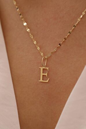 14 Ayar Altn E Harfli Kalın Aynalı Zincir Kolye