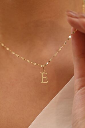 14 Ayar Altn E Harfli Kalın Aynalı Zincir Kolye