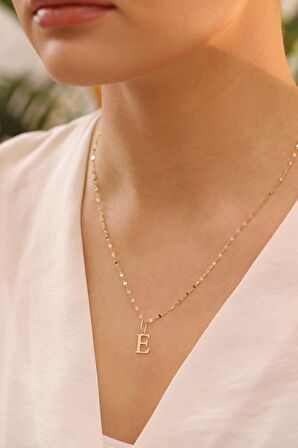 14 Ayar Altn E Harfli Kalın Aynalı Zincir Kolye