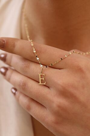 14 Ayar Altn E Harfli Kalın Aynalı Zincir Kolye
