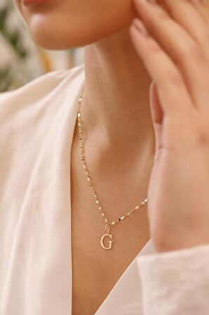 14 Ayar Altn G Harfli Kalın Aynalı Zincir Kolye