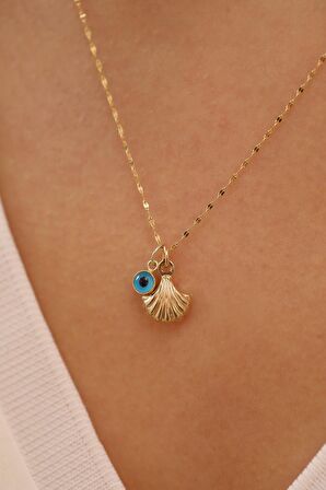 14 Ayar Altın İstiridye-Göz İnce Aynalı Zincir Kolye