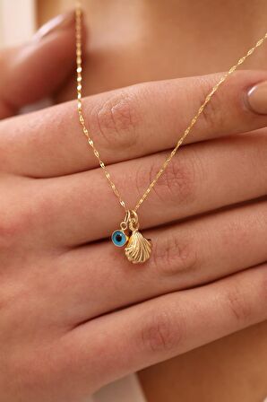 14 Ayar Altın İstiridye-Göz İnce Aynalı Zincir Kolye