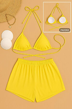 Kadın Sarı Şortlu Belden ve Boyundan Bağlamalı Bikini Takımı