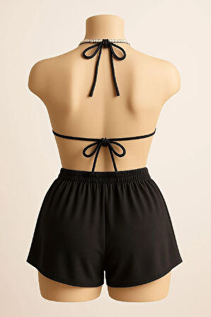 Kadın Siyah Şortlu Belden ve Boyundan Bağlamalı Bikini Takımı