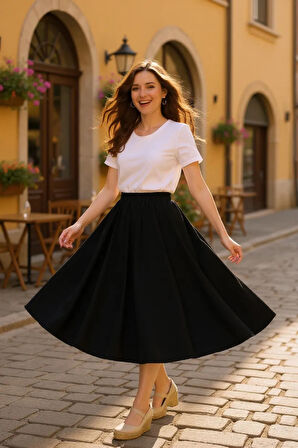 Kadın Siyah Double Kumaş Beli Lastikli Cepli Etek