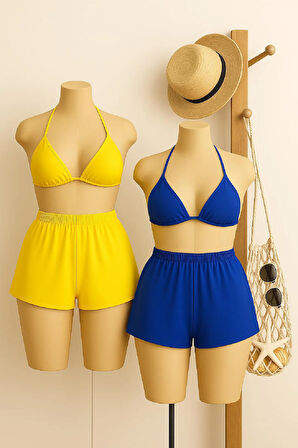 Kadın Sarı ve Mavi Şortlu Belden ve Boyundan Bağlamalı Bikini Takımı