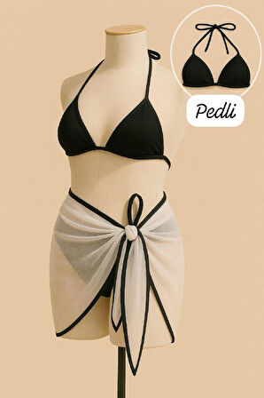 Kadın Siyah Beyaz Pareolu Yandan ve Boyundan Bağlamalı 3'lü Bikini Takımı