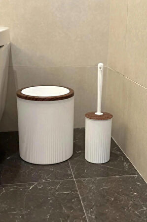 Makri Home Banyo Seti, 5'li, Beyaz, Ahşap Desenli, Yuvarlak, Plastik