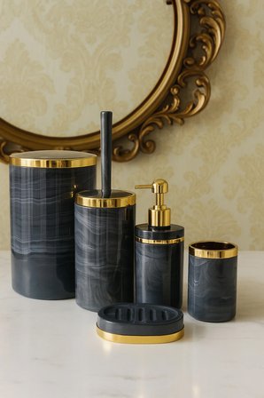 Banyo Seti 5'li,akrilik-çöpkovası,wc Fırçalık,sıvı Sabunluk,diş Fırçalık,el Sabunluk,gold Renk Detay