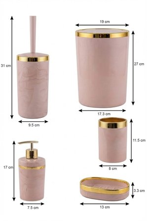 Banyo Seti 5'li,Akrilik-ÇöpKovası,WC Fırçalık,Sıvı Sabunluk,Diş Fırçalık,El Sabunluk,Gold Renk Detay