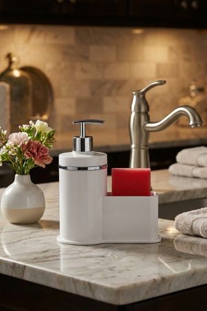 Mutfak Veya Banyo İçin Şık Gümüş Detaylı Süngerlikli Sıvı Sabunluk , Yerli Üretim
