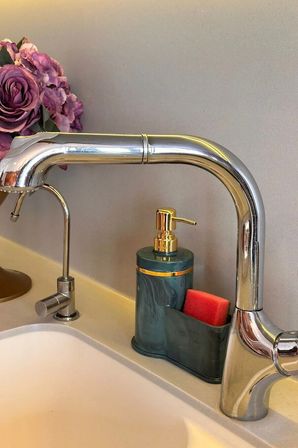 Mutfak Veya Banyo İçin Şık Altın Rengi Detaylı Süngerlikli Sıvı Sabunluk , Yerli Üretim
