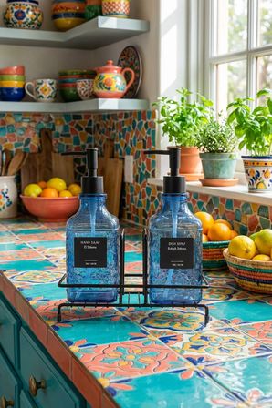 Modern Cam Sıvı Sabunluk & Deterjanlık Seti-500 ml Cam Sabunluk, Metal Stand'lı